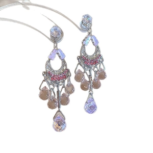 Elegant vintage tassel earrings with purple crystals and pink rhinestones on silver base