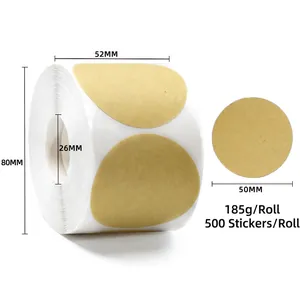 Close-up of 50mm kraft paper round sticker roll with detailed dimension specifications