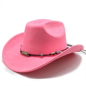 Detail of pink faux suede cowboy hat with turquoise beads and metallic buckle
