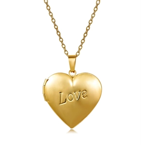 Polished 316L stainless steel gold heart locket necklace with Love engraving