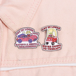 Pink mental health car enamel pins on denim jacket featuring funny humor text