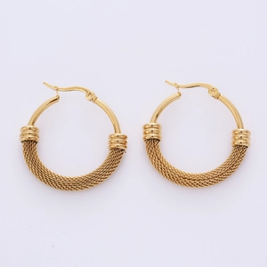 Golden titanium steel mesh hoop earrings with woven texture and minimalist round design