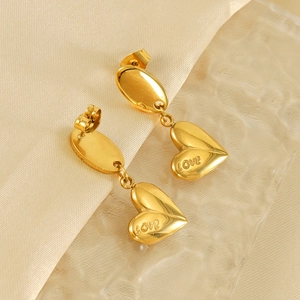 Vintage gold-plated stainless steel heart drop earrings with engraved Love design
