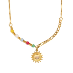 Vintage 18K gold plated stainless steel sun pendant necklace with natural stones and beads