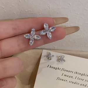 Flower Butterfly Stud Earrings And Ear Cuff With Cubic Zirconia Silver Earring Post Lightweight Luxury Style For Women