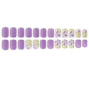 Set de 24 uñas postizas con diseños florales y lunares en tonos morados y blancos