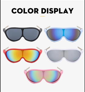 Close-up of five color variations of sports cycling sunglasses with metal temples