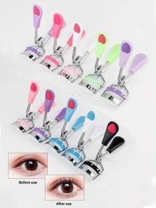 Eyelash curler with comb showing various colors and before/after curling effect results