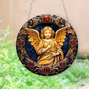 Christmas angel relief round ornament with golden baroque patterns and hanging chain
