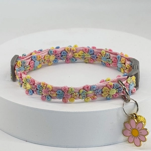 Pink lace floral cat collar with colorful embroidery, bell and daisy flower pendant