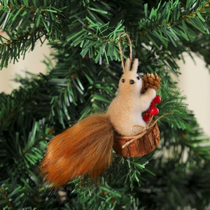 Detail of a squirrel Christmas tree ornament with realistic fur and wooden base
