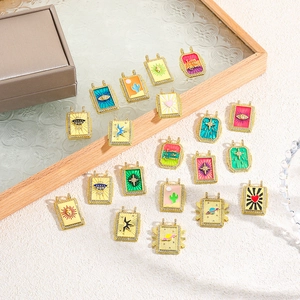 Vintage Rectangle Pendant Charms For DIY Jewelry Making Copper Enamel Zircon Tarot Style Eye Heart Cactus UFO Gold Plated