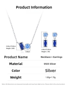Detailed specs showing S925 silver jewelry set with blue sapphire squares and round gems