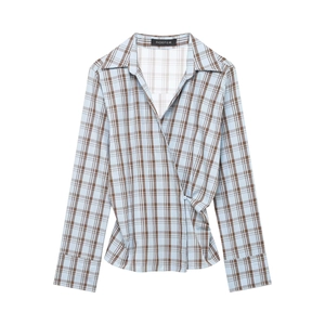 Damen Karierte Wickelbluse Polyester Langarm Kreuzvorne V-Ausschnitt Seitlicher Knopf Karohemd Casual Elegante Oberteile