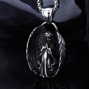 Polished silver stainless steel prayer angel pendant necklace in gothic religious style