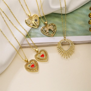 Heart Pendant Necklace Copper Colorful Zircon Evil Eye Bowknot Micro Pave Gold Plated Jewelry For Women