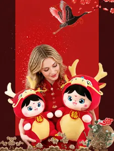 Cute Year of the Dragon mascot plush doll with Fu character for Chinese New Year gift