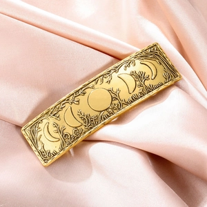 Detailed relief of moon phases and forest branches on a golden rectangular metal hair clip