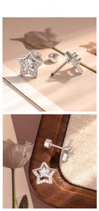 Macro detail of silver star stud earrings with zirconia inlay and screw back design