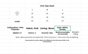 Size chart for long hairy knit vest showing S to L measurements and polyester material