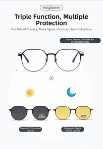 Metal round magnetic clip-on sunglasses set with polarized and night vision lenses