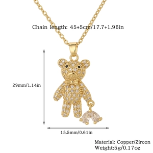 Detail of gold teddy bear pendant showing 29mm dimensions and necklace chain length