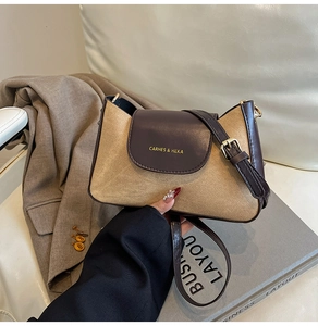 Close-up of beige canvas and brown leather crossbody bag with elegant gold brand logo