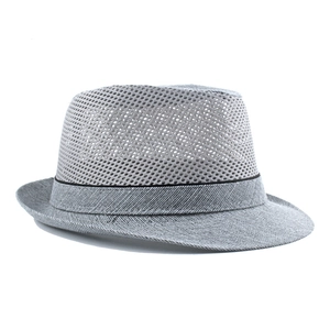 Light gray breathable mesh fedora hat for men with sun protection and stylish black trim