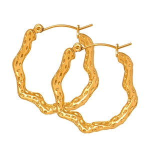 Irregular hollow geometric hoop earrings with hammered gold texture for women