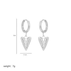 Minimalist silver heart drop earrings with hammered texture finish, 3cm height