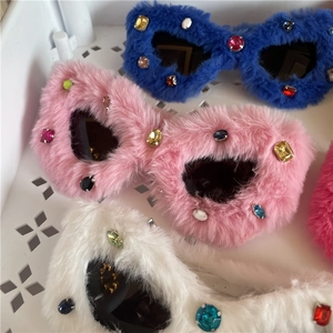 Fluffy rhinestone sunglasses plush cat ear glasses trendy party eyewear sparkly cute