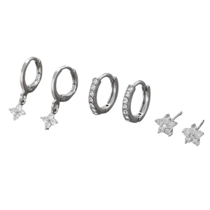 Detailed silver earring set featuring flower charms and zircon studs on white background