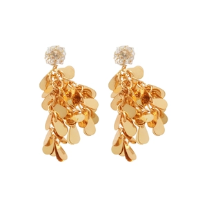 Elegant gold tassel earrings with zircon studs and cascading metallic petal charms