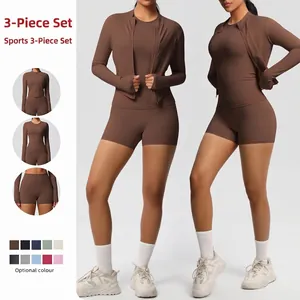 Ensemble de Yoga en Nylon Élasthanne pour Femmes Respirant Slim Fit Veste Zippée Soutien-gorge de Sport Short Top Et Bas