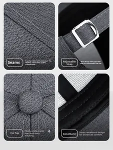 Detail view of dark grey baseball cap showing metal buckle, stitching, and inner sweatband