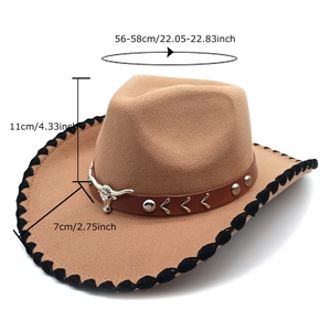 Western style khaki wool felt cowboy hat with bull head leather band and woven edge