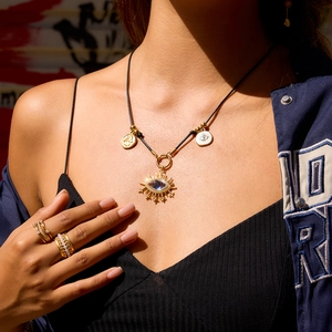 Evil Eye Hamsa Hand Pendant Necklace 18K Gold Plated Stainless Steel Black Rope Cord Resin Blue Gemstone Boho For Women