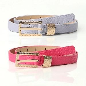 Minimalist women's thin PU leather belts in lavender and rose red with gold wave buckles