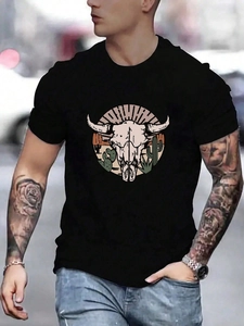 Close-up of black cotton T-shirt featuring vintage bull skull and cactus print