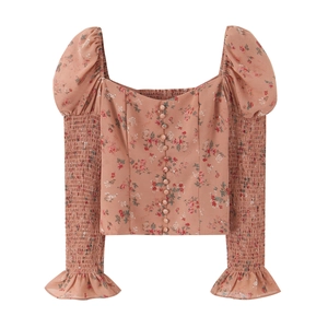 Chemisier À Imprimé Fleuri Col Carré Style Français Smocké Manches Bouffantes Longues Polyester Top Élégant Femmes