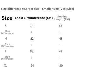 Detailed size chart for women's knitted vest showing S to XL chest and length in cm