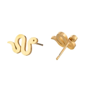 Polished gold stainless steel snake stud earrings set on a clean white background