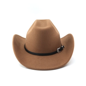 Front view of brown cowboy hat with black leather band and silver buckle detail