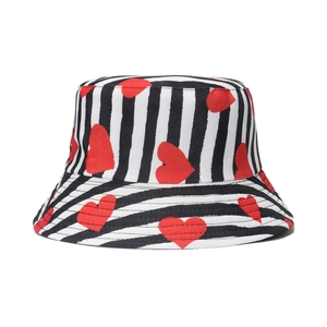 Women's sun hat bucket hat with stylish black white stripes and red heart patterns