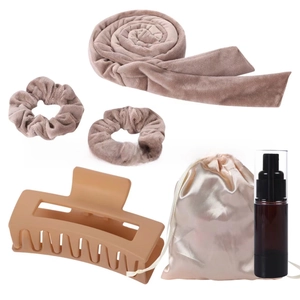 5-piece heatless hair curler set with velvet rod, scrunchies, clip, bag, and spray bottle