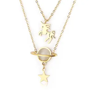 Collana Doppio Strato In Acciaio Inossidabile Placcato Oro Pendente Unicorno Pianeta Stella Pietra Occhio Di Gatto Donna