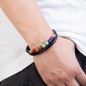 Braided leather bracelet with seven chakra natural stone beads and stainless steel clasp