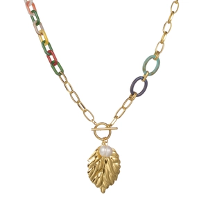Bohemian gold leaf pendant necklace with colorful acrylic links and white pearl detail