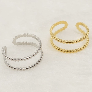 Adjustable 18K gold and silver double layer beaded open rings in stainless steel