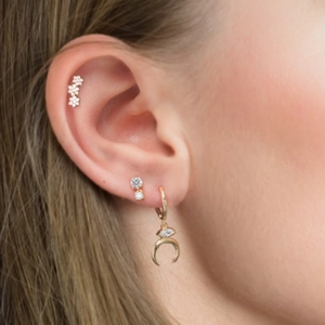 Detail showing S925 silver flower studs and golden moon pendant earring set with zircons